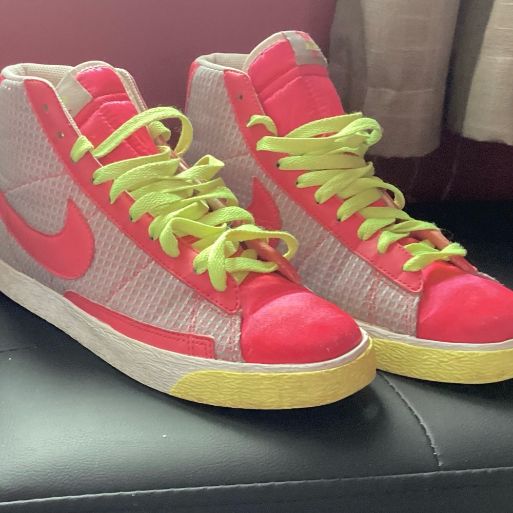 Nike Pink and Neon Yellow High-Top Sneakers